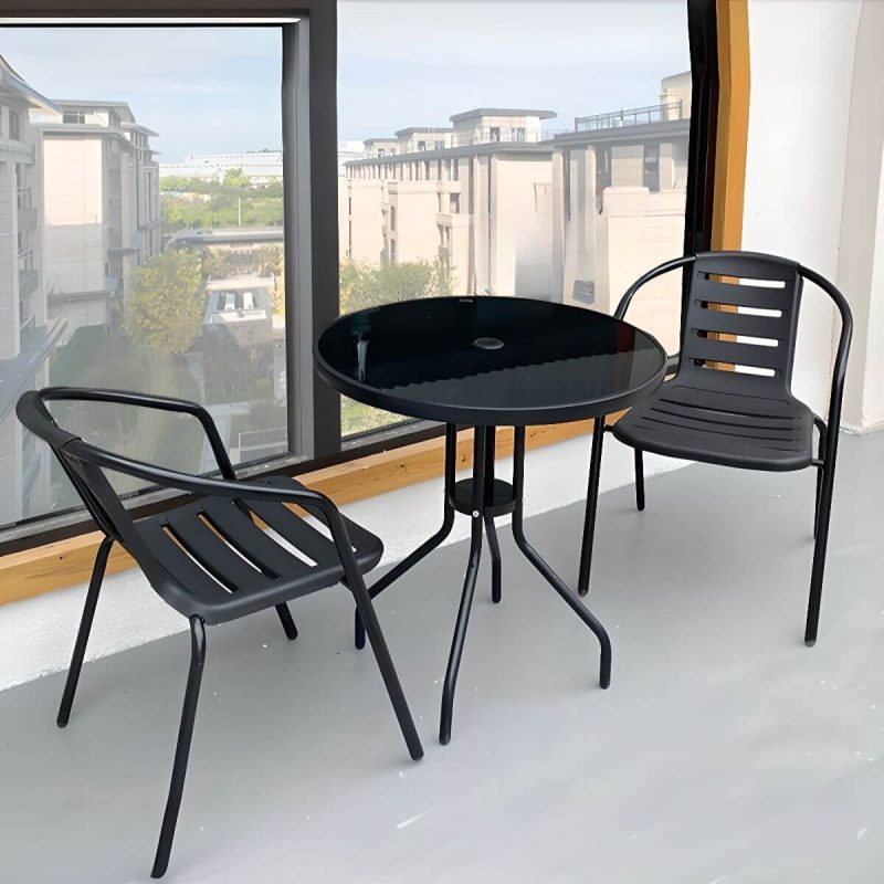 Outdoor Bar-Höhe Esszimmerset mit Gurtlehne, feuerfester runder Vitreous-Tisch, 3-teiliges Set mit Stuhl, 31.5"L x 31.5"B x 28.3"H, Schreibtisch mit 2 Stühlen