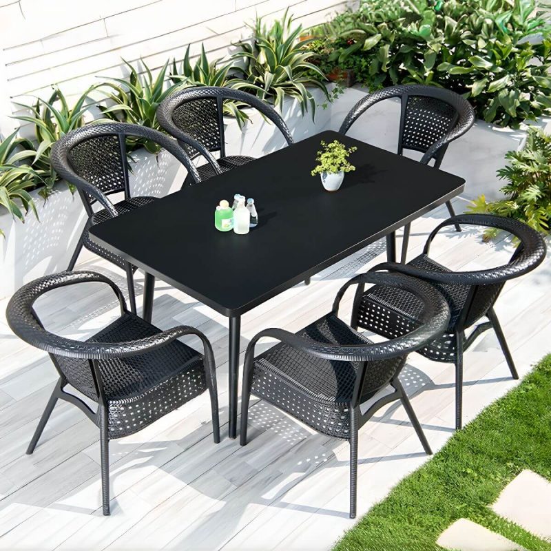 Outdoor-Esstisch mit Polymer-Verbundsitzen, 7-teiliges Set wetterfeste Tintentischplatte, modernes Design mit Stühlen und Tisch, Hochglanzschwarz, 63"L x 35,5"B x 28,3"H, Tisch & 6 Stühle
