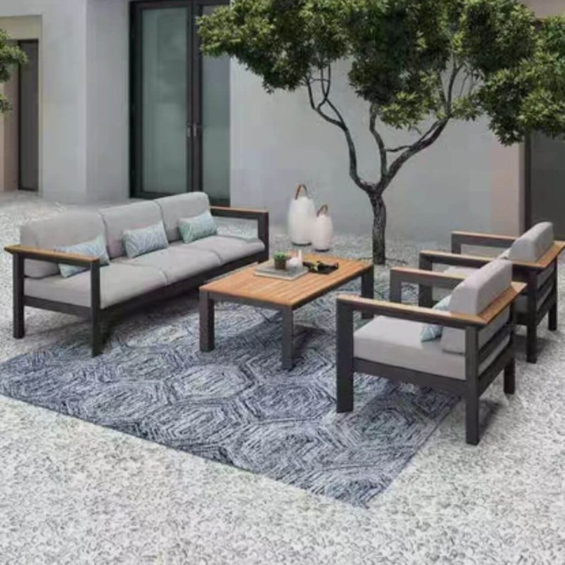 4-teiliges Set Graues Canvas-Patio-Sofa-Garnitur mit Sepia-Holztisch und Cerulean-Kissen, Sofa, 4-teiliges Set (2 Stühle & 1 3-Personen-Sofa & 1 Couchtisch)