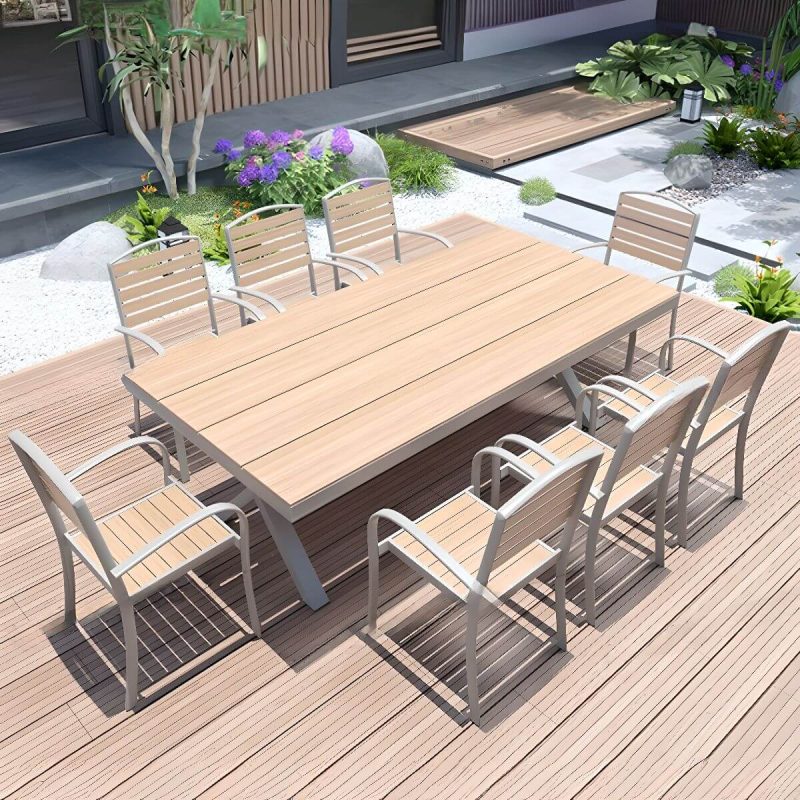 9-teiliges Set Holzmaserung Outdoor-Esstisch mit Ingenieurholz, wetterfester Stuhl und Tisch, moderner Stil, 87"L x 35,5"B x 27,5"H, Tisch & 8 Stühle