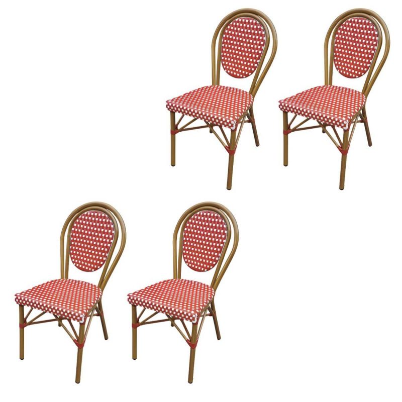 Tropische Outdoor-Bistro-Stühle Rattan Armless Stapelbare Patio-Esszimmerstühle - Rot-Weiß 4-teiliges Set