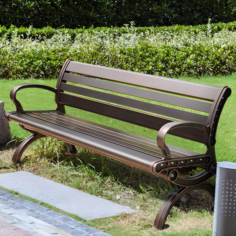 Industrielle Metall-Parkbank mit wasserdichter Aluminium-Sitzfläche, Rücken und geschwungenen Armlehnen - Schwarze C-Form 59"L x 23"B x 29"H