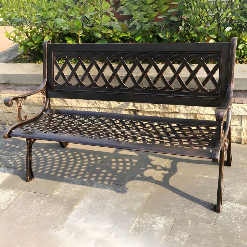 Französischer ländlicher Stil Schnitzdesign Parkbank Metall mit Rückenlehne und Armlehnen - Schwarz 51"L x 25"B x 33"H