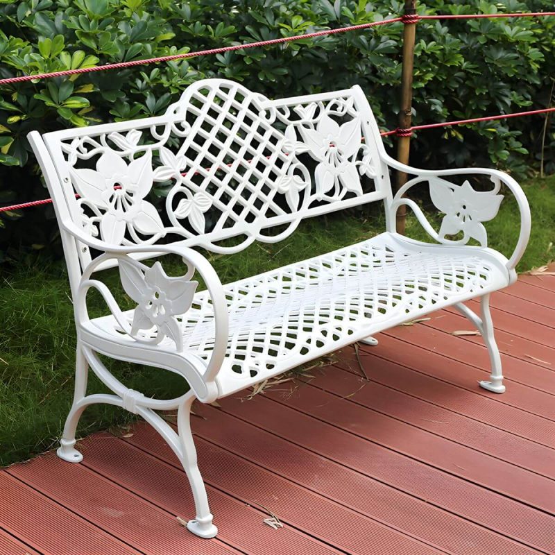 Moderne Metall-Gartenbank mit Beinen, wasserbeständig für den Außenbereich - Weiß 46"L x 24"B x 31"H