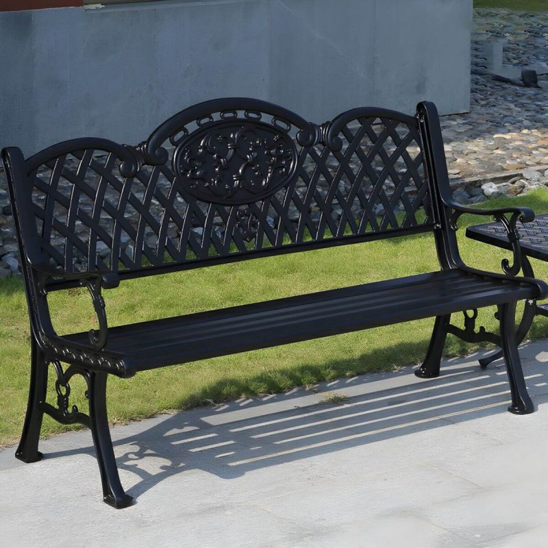 Bohemian Metall Parkbank mit wasserdichtem Design und geschwungenen Armlehnen - Schwarz 59"L x 26"B x 35"H
