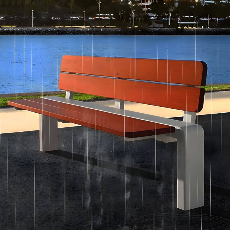 Wasserfeste Mid-Century Modern Parkbank mit Edelstahlrahmen und Kupferholz-Sitz - 79"L x 16"B x 18"H