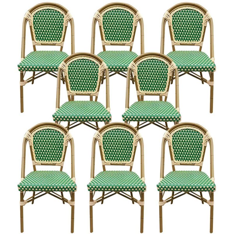 21" Breiter Tropischer Outdoor-Stuhl Rattan Armlehnen Esszimmer Seitenstuhl - Grün 8-teiliges Set