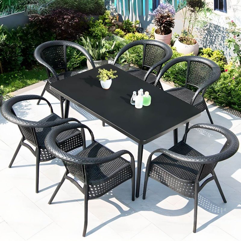 Outdoor-Esstisch mit Polymer-Verbundsitzen, 7-teiliges Set wetterfeste Tintentischplatte, modernes Design mit Stühlen und Tisch, Hochglanzschwarz, 51"L x 31"B x 28"H, Tisch & 6 Stühle