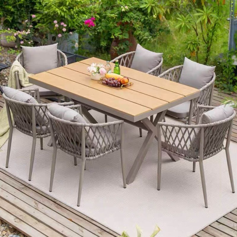 Gepolstertes Outdoor-Essset, 7-teiliges Set in natürlicher Farbe, wetterfest mit Stuhl, einfachem Tisch, 59,1"L x 35,4"B x 29,5"H, Tisch & 6 Stühle