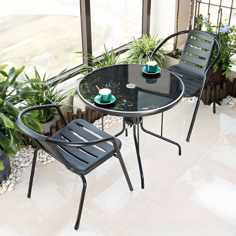 Outdoor Bar-Höhe Esszimmerset mit Gurtlehne, feuerfester runder Vitreous-Tisch, 3-teiliges Set mit Stuhl, 31.5"L x 31.5"B x 28.3"H, Schreibtisch mit 2 Stühlen