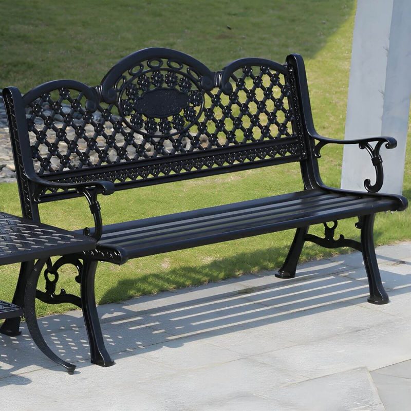 Bohemian Metall Parkbank mit wasserdichtem Design und geschwungenen Armlehnen - Schwarz 61"L x 25.5"B x 35.5"H