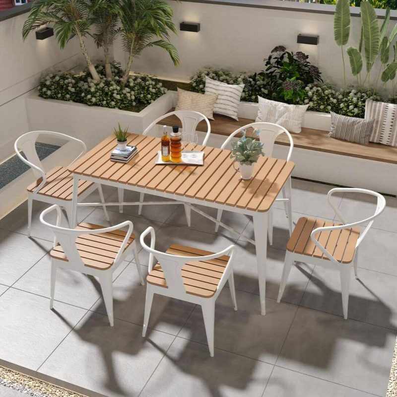 Natürliche Holzoptik Patio-Esstisch mit Metallrahmen, wasserdichter rechteckiger minimalistischer Stil, 55,1"L x 27,6"B x 29,5"H, Schwarz, nur Tisch