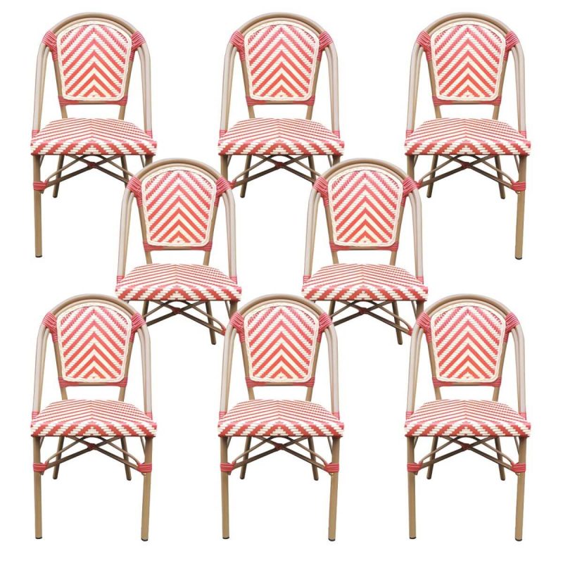 Tropische Outdoor-Bistro-Stühle Rattan Armless Stapelbare Patio-Esszimmerstühle - Rosa-Weiß 8-teiliges Set