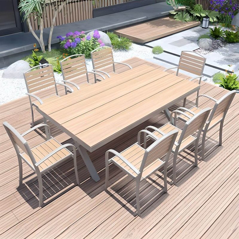 9-teiliges Set Holzmaserung Outdoor-Esstisch mit Ingenieurholz, wetterfester Stuhl und Tisch, moderner Stil, 71"L x 35"B x 28"H, Tisch & 8 Stühle