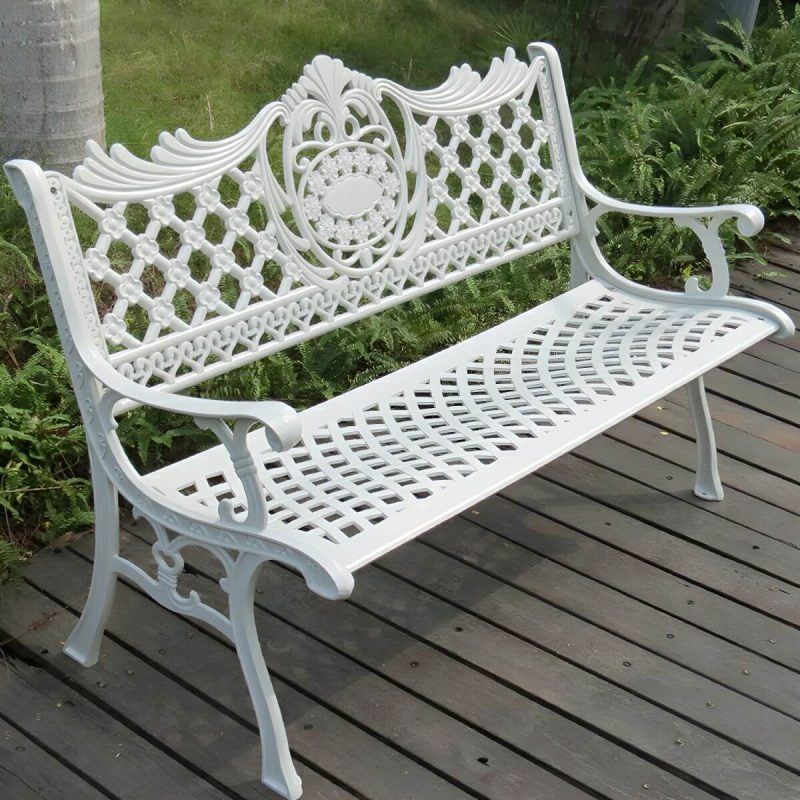 Bohemian Metall Parkbank mit wasserdichtem Design und geschwungenen Armlehnen - Weiß 51"L x 25"B x 33"H