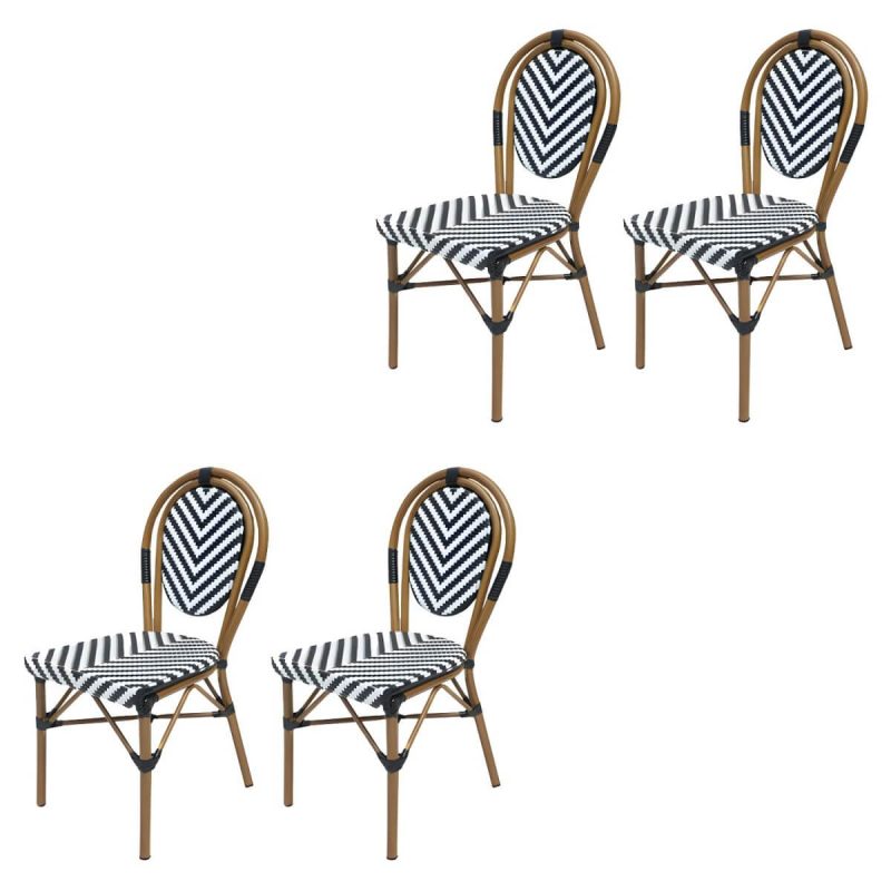 Tropische Outdoor-Bistro-Stühle Rattan Armless Stapelbare Patio-Esszimmerstühle - Schwarz-Weiß 4-teiliges Set