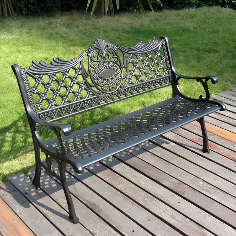 Moderne Metall-Gartenbank mit Beinen, wasserbeständig für den Außenbereich - Schwarz 51"L x 25"B x 33"H