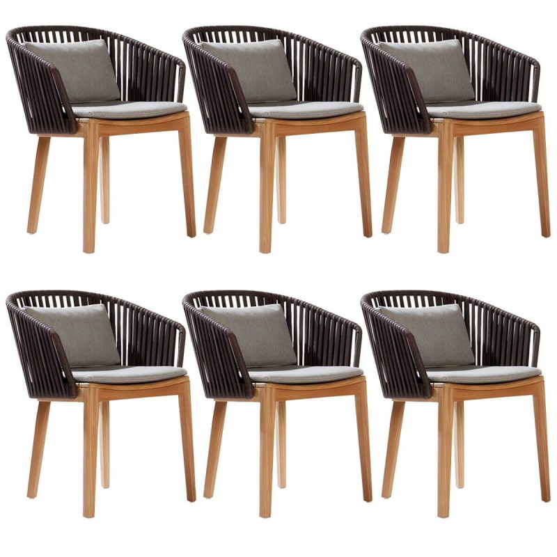 Tropischer Patio-Esszimmer-Armlehnsessel in Braun mit natürlicher Holzbasis - Teak PE geflochtenes Rattan 6-teiliges Set