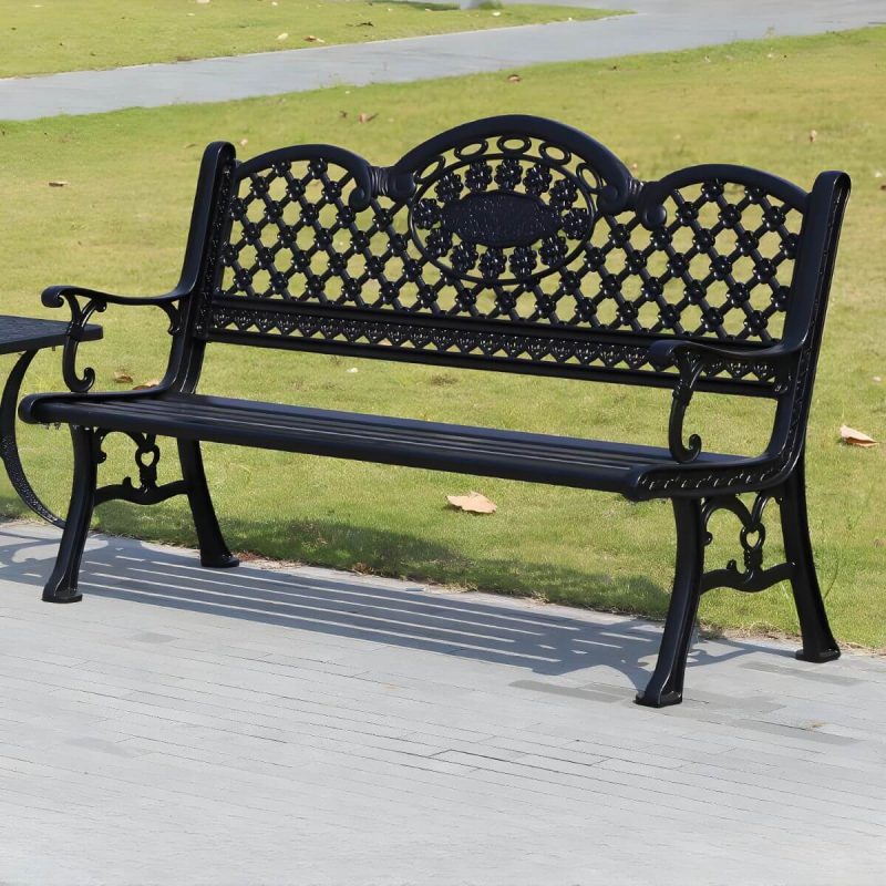 Französischer ländlicher Stil Schnitzdesign Parkbank Metall mit Rückenlehne und Armlehnen - Schwarz 61"L x 24"B x 34"H