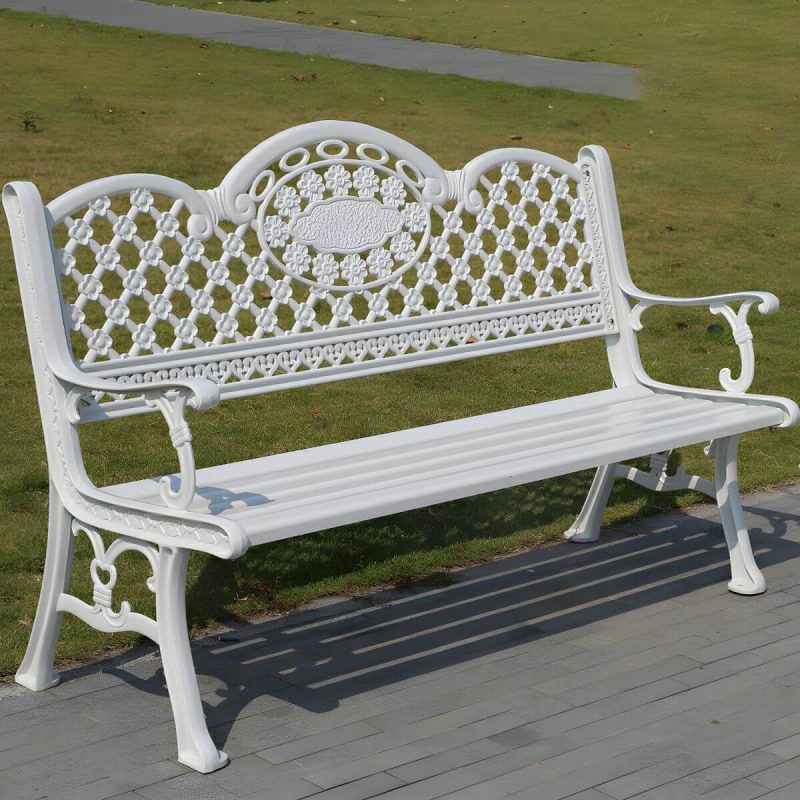 Bohemian Metall Parkbank mit wasserdichtem Design und geschwungenen Armlehnen - Weiß 61"L x 25.5"B x 35.5"H