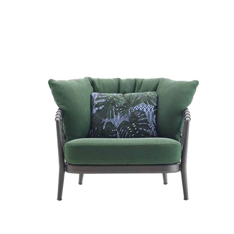 Modernes UV-beständiges schwarzes Legierungsrahmen Einzel-Sofa mit grünem Stoff gepolsterter Rückenlehne, 1-Sitzer Sofa