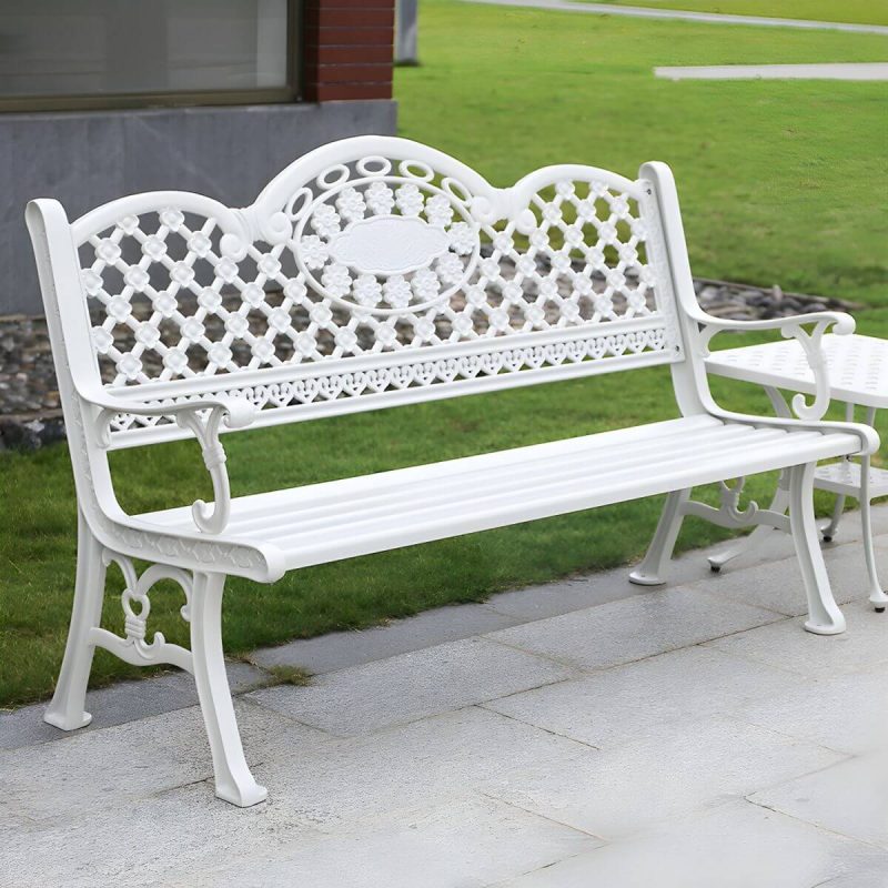 Moderner Metall-Parkbank-Stil mit Beinen, wasserbeständig für den Außenbereich - Weiß 61"L x 24"B x 34"H