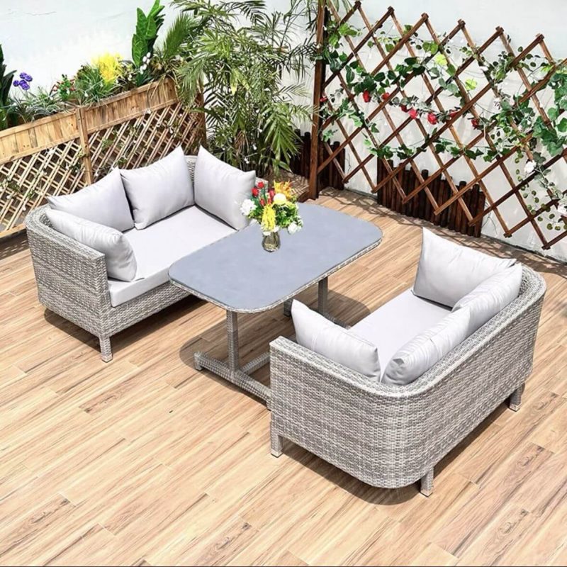 Graue Outdoor-Sofagruppe mit Canvas-Bezug, Glastischplatte, 3-teiliges Set mit Loveseat, UV-beständig 1 Tisch, 3-teiliges Set (2 Loveseats & Couchtisch)