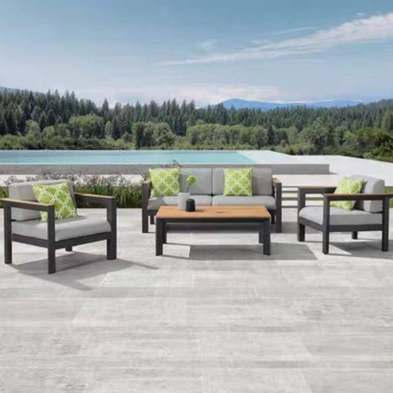 4-teiliges Canvas Taubengraues Outdoor-Sofa-Sitzgruppe mit Limettengrünem Kissen, Kakao-Holztisch und Zweisitzer, 4-teiliges Set (2 Stühle & 1 Zweisitzer & 1 Couchtisch)