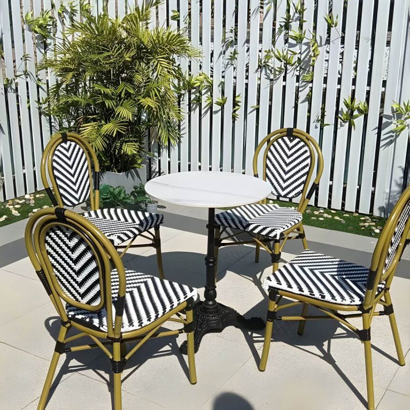 Tropische Outdoor-Bistro-Stühle Rattan Armless Stapelbare Patio-Esszimmerstühle - Schwarz-Weiß 8-teiliges Set