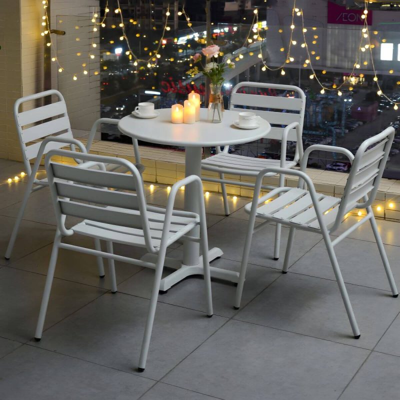 Metall-Patio-Tisch im zeitgenössischen Stil, wasserbeständig in Weiß - 35,4"L x 35,4"B x 28,3"H Rund
