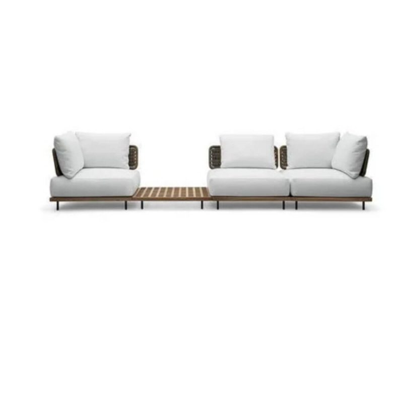Outdoor-Sofa-Konversationsset mit Textilbezug, silbernem Rahmen, 4-teilig, Metallrahmen, abnehmbarem Kissen, UV-beständig, weißes Kissen, 4-teiliges Set (2 Ecksofas & 1 mittleres Sofa & 1 Couchtisch)