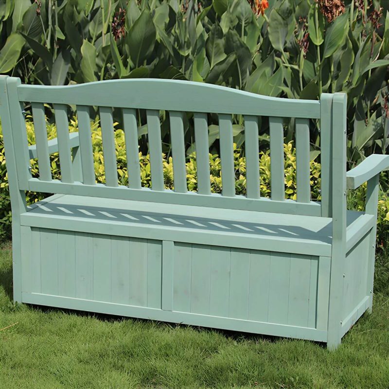 Skandinavische Outdoor-Sitzbank aus Massivholz in Hellgrün mit Stauraum 48,8" x 25,2" x 35" - Blau