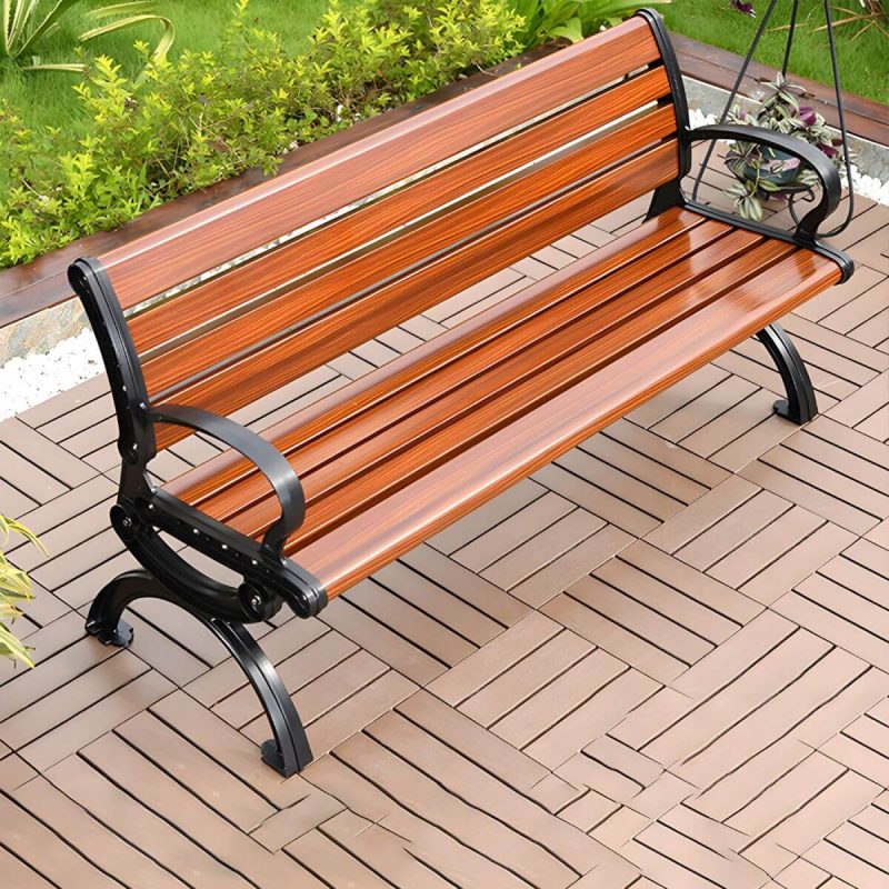 Industrielle Metall-Parkbank mit wasserdichter Aluminium-Sitzfläche, Rücken und geschwungenen Armlehnen - Rotbraune C-Form 59"L x 23"B x 29"H