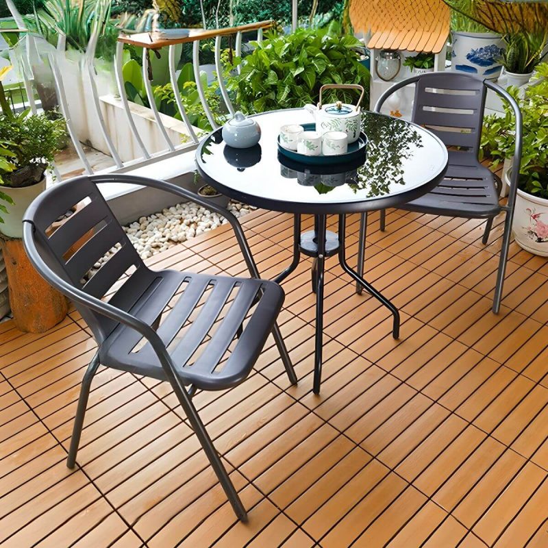 Outdoor Bar-Höhe Esszimmerset mit Gurtlehne, feuerfester runder Vitreous-Tisch, 3-teiliges Set mit Stuhl, 27.6"L x 27.6"B x 28.3"H, Schreibtisch mit 2 Stühlen