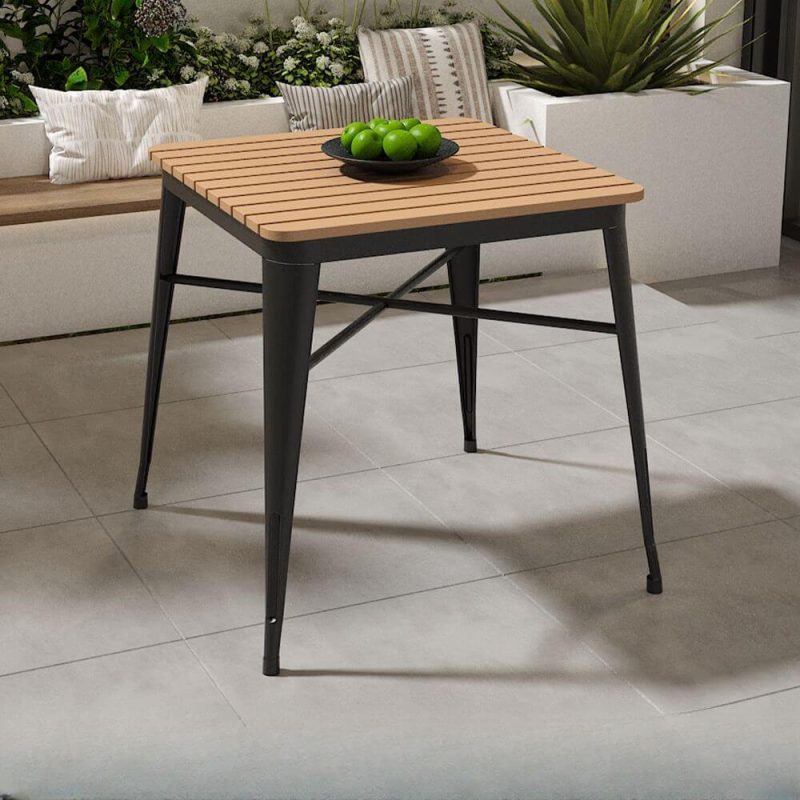 Natürliche Holzoptik Patio-Esstisch mit Metallrahmen, quadratischer wasserdichter minimalistischer Stil, 27,6"L x 27,6"B x 29,5"H, Schwarz, nur Tisch