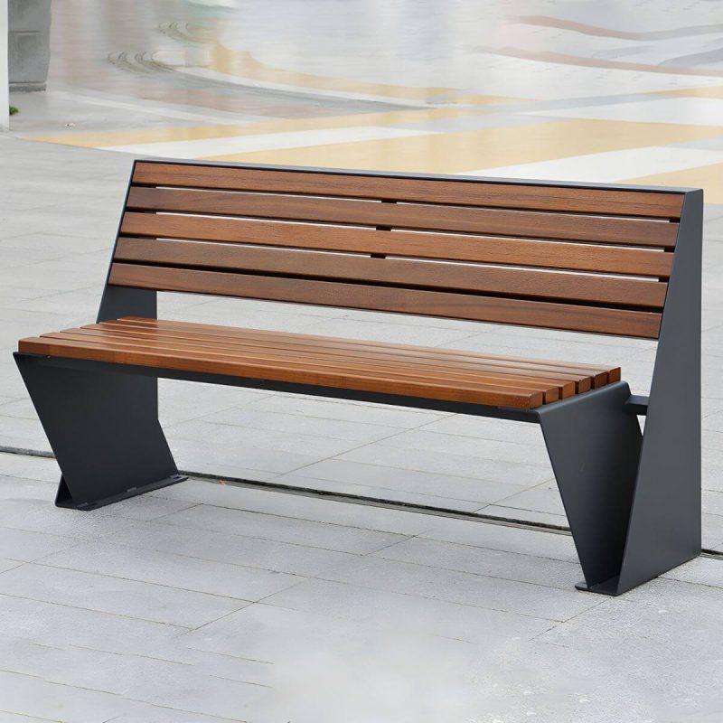 Ohne Armlehnen Industriestil Outdoor-Bank mit Holzsitz und Metallrahmen - Braun-Schwarz 59''L x24"B x 31,5"H