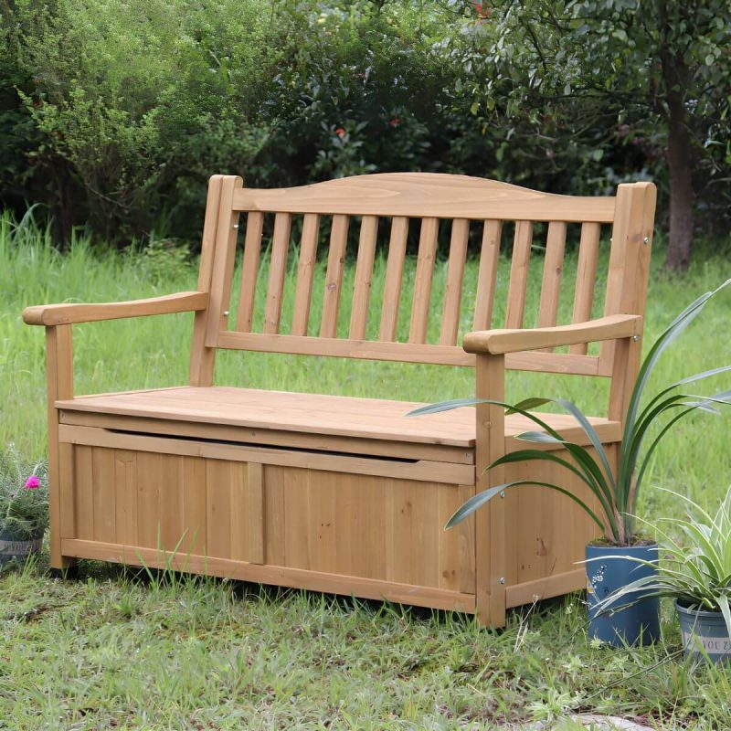 Skandinavische Outdoor-Sitzbank aus Massivholz in Hellgrün mit Stauraum 48,8" x 25,2" x 35" - Holzfarbe