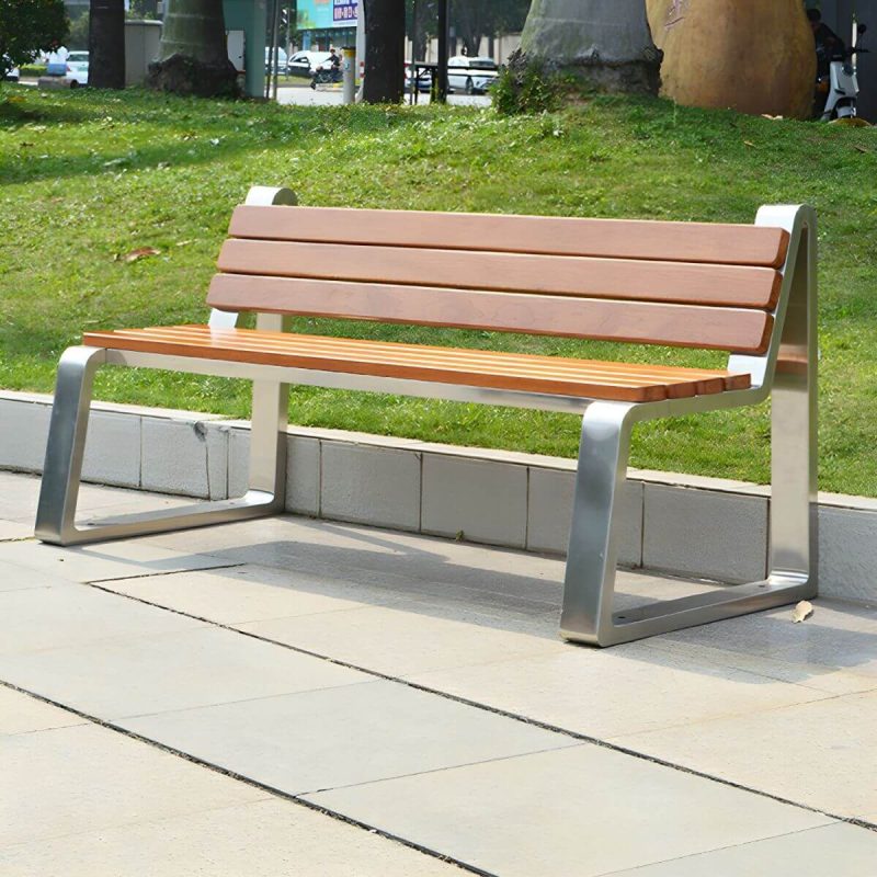 Edelstahl-Metallparkbank mit brauner Holzsitzfläche und Rückenlehne - Braun