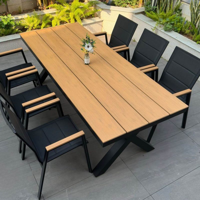 Stoff 9-teiliges Outdoor-Essset in Naturfarbe, Schwarz, 86.6"L x 35.4"B x 29.5"H, Tisch & 8 Stühle