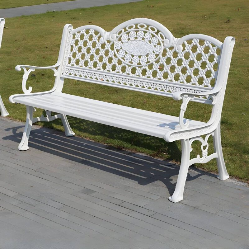 Französischer ländlicher Stil Schnitzdesign Parkbank Metall mit Rückenlehne und Armlehnen - Weiß 61"L x 24"B x 34"H