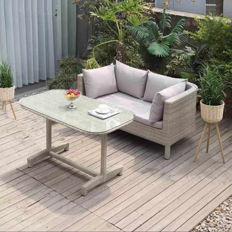 Elfenbein 2-teiliges Set Outdoor-Sofagruppe mit Canvas-Bezug, Glastischplatte, hellgrauem Kissen, taubengrauem Loveseat, 2-teiliges Set (1 Loveseat & 1 Couchtisch)