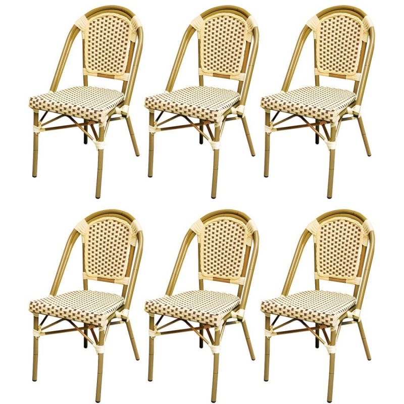 21" Breiter Tropischer Outdoor-Stuhl Rattan Armlehnen Esszimmer Seitenstuhl - Weiß/ Braun 6-teiliges Set