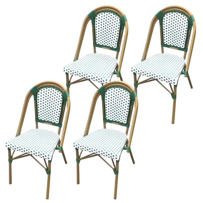 21" Breiter Tropischer Outdoor-Stuhl Rattan Armlehnen Esszimmer Seitenstuhl - Weiß / Grün 4-teiliges Set