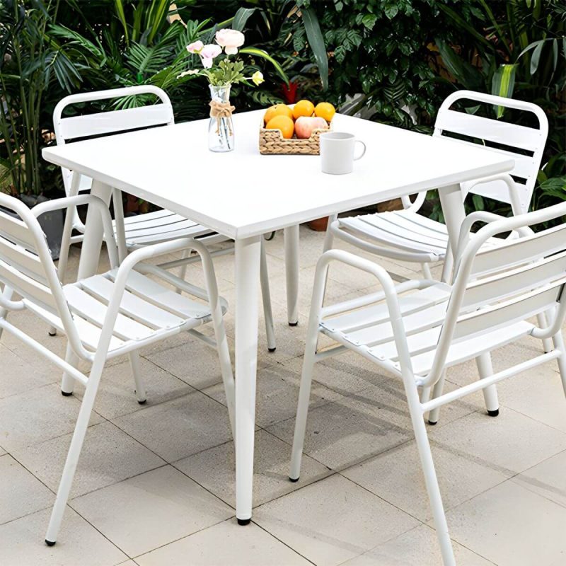 Metall-Patio-Tisch im zeitgenössischen Stil, wasserbeständig in Weiß - 27,6"L x 27,6"B x 28,3"H Rund