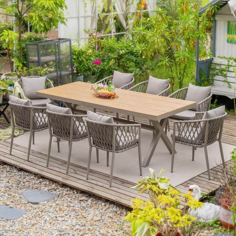 Gepolstertes 9-teiliges Outdoor-Essset in natürlicher Farbe, 86,6"L x 35,4"B x 29,5"H, Tisch & 8 Stühle