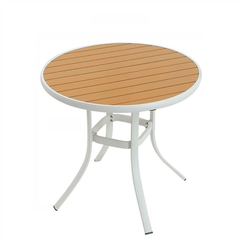 Modern Einfacher Stil Natürliche Farbe Verbundholz Sonnengeschütztes Rundes Patio-Esstisch, Ohne Stühle, 31.5"L x 31.5"B x 28.7"H, Natur/Weiß, Sonnenschirm Loch Nicht Enthalten