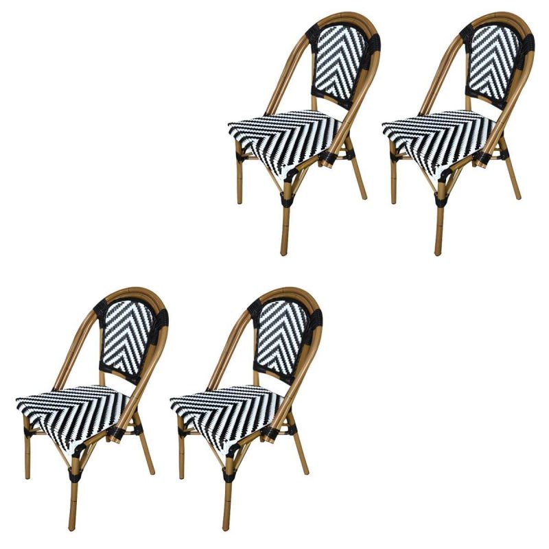 Tropische Outdoor-Bistro-Stühle Rattan Armless Stapelbare Patio-Esszimmerstühle - Schwarz und Weiß 4-teiliges Set