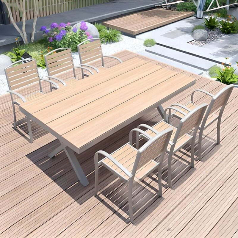 9-teiliges Set Holzmaserung Outdoor-Esstisch mit Ingenieurholz, wetterfester Stuhl und Tisch, moderner Stil, 71"L x 35"B x 28"H, Tisch & 6 Stühle