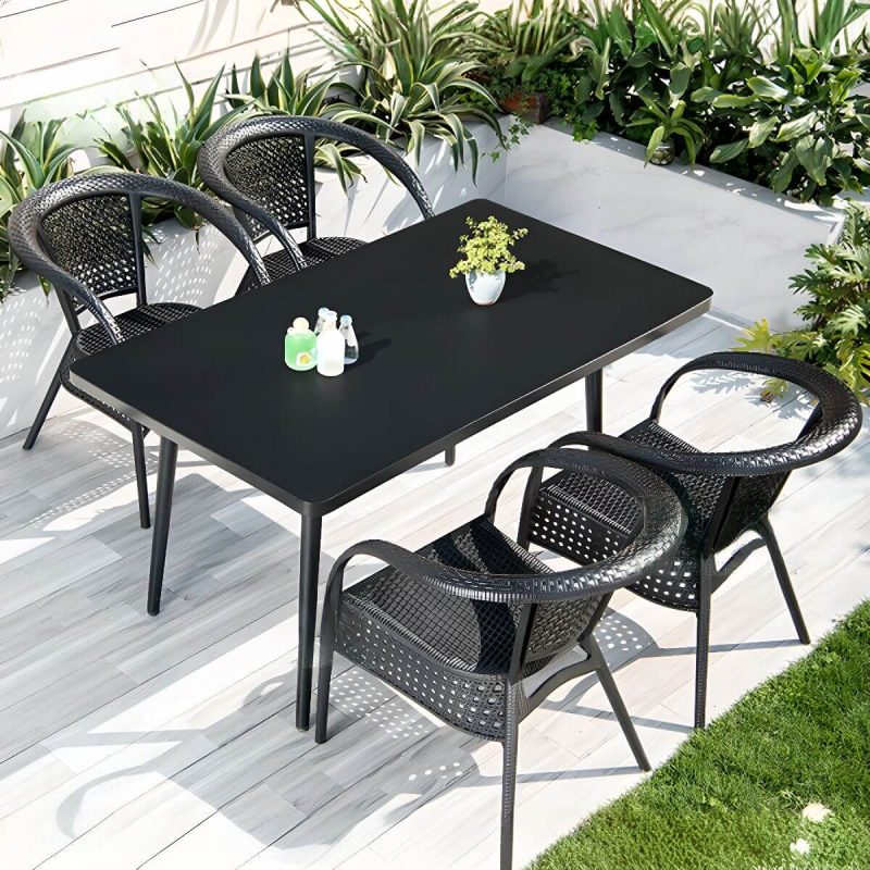 Outdoor-Esstisch mit Polymer-Verbundsitzen, wetterfeste Tintentischplatte, 5-teiliges modernes Set mit Stühlen und Tisch, Hochglanzschwarz, 63"L x 35,5"B x 28,3"H, Tisch & 4 Stühle