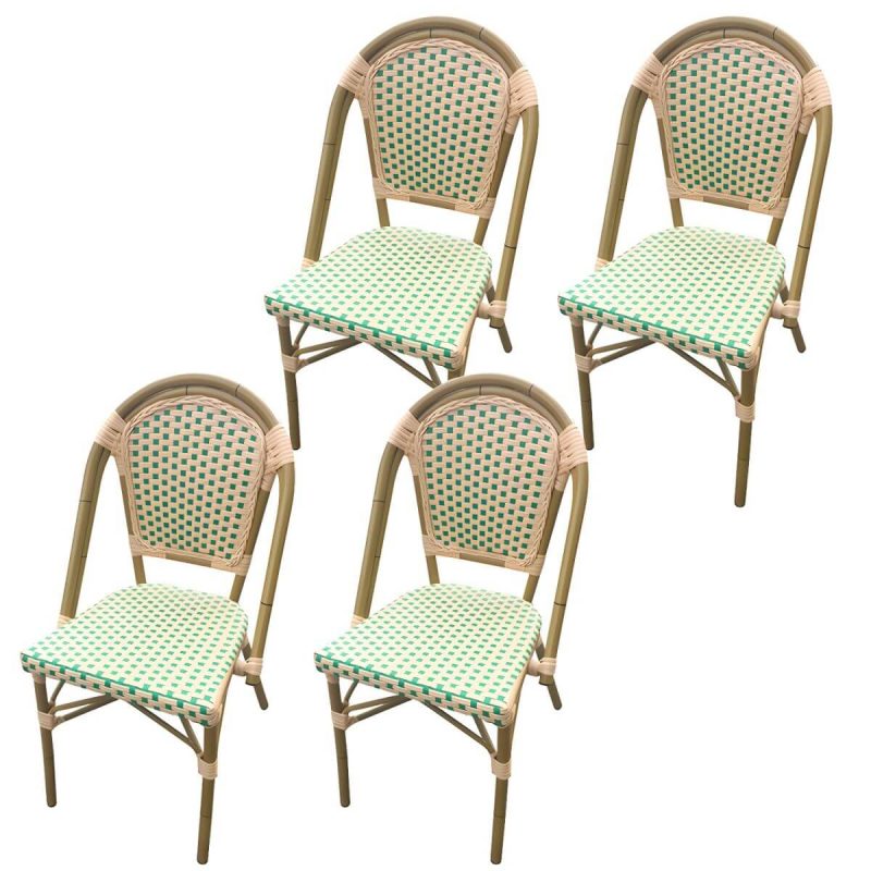21" Breiter Tropischer Outdoor-Stuhl Rattan Armlehnen Esszimmer Seitenstuhl - Grün/ Weiß 4-teiliges Set